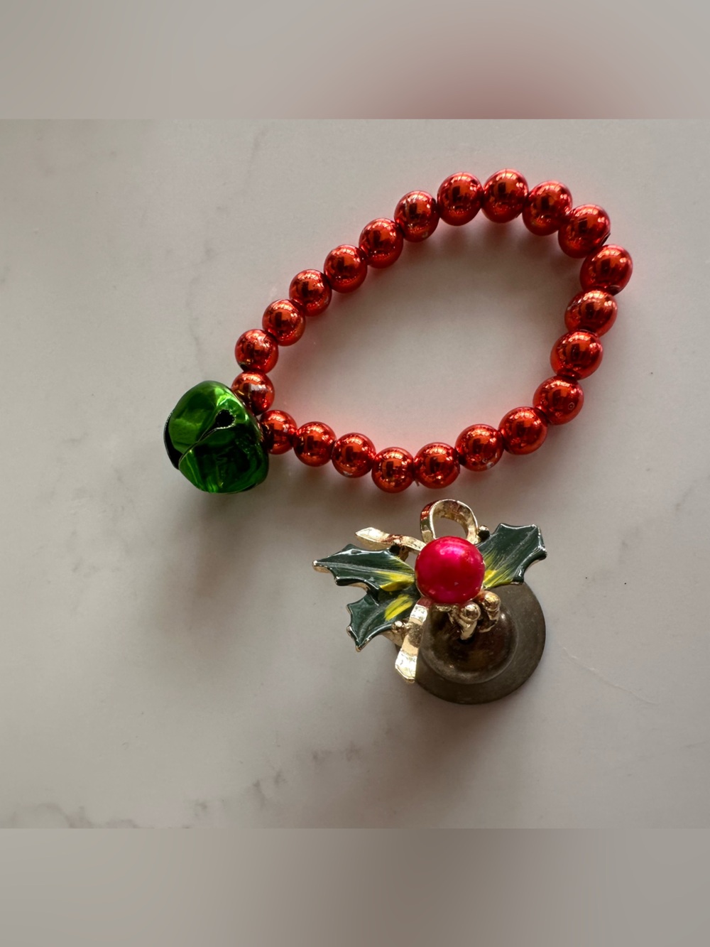 Holiday Christmas Red Beaded Bracelet with Green Bell and earrings